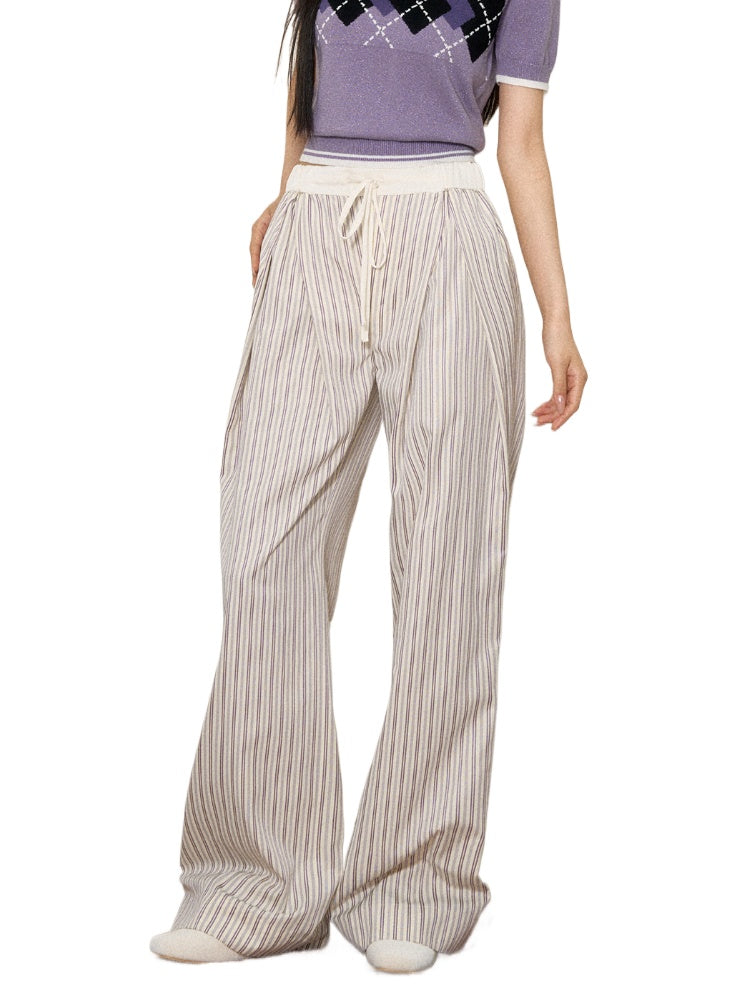 Elastic Waist Striped Pleated Wide-Legged Pants