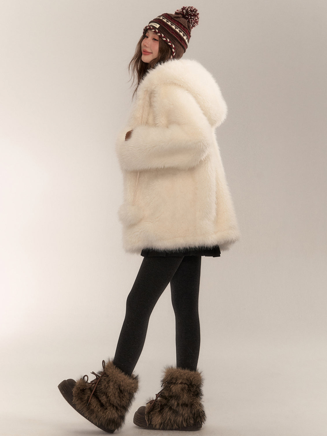 Short Hooded Faux Fur Coat