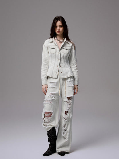 Embroidered Low-Waist Ripped Jeans