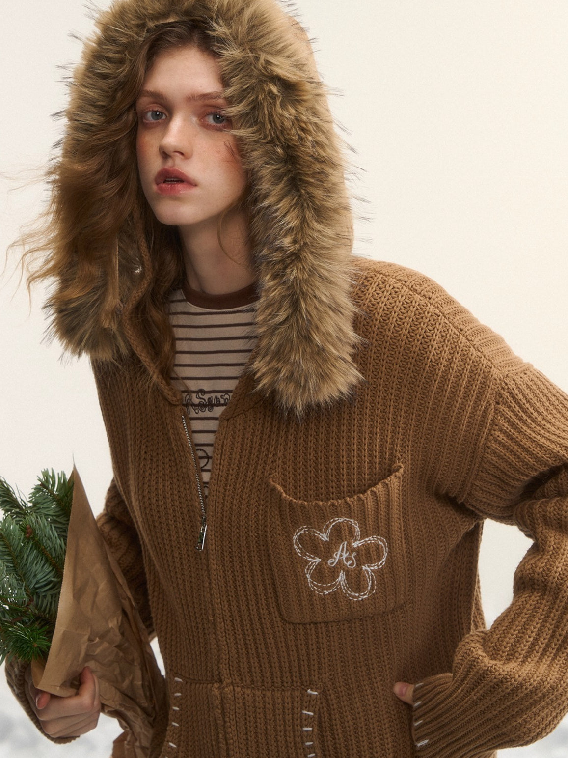 Embroidered Knit Zip-Up Hoodie Cardigan