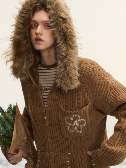 Embroidered Knit Zip-Up Hoodie Cardigan