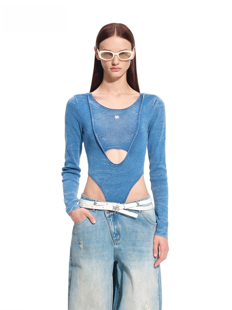 &quot;Caracal Series&quot; Washed Crinkle Denim Mesh Bodysuit