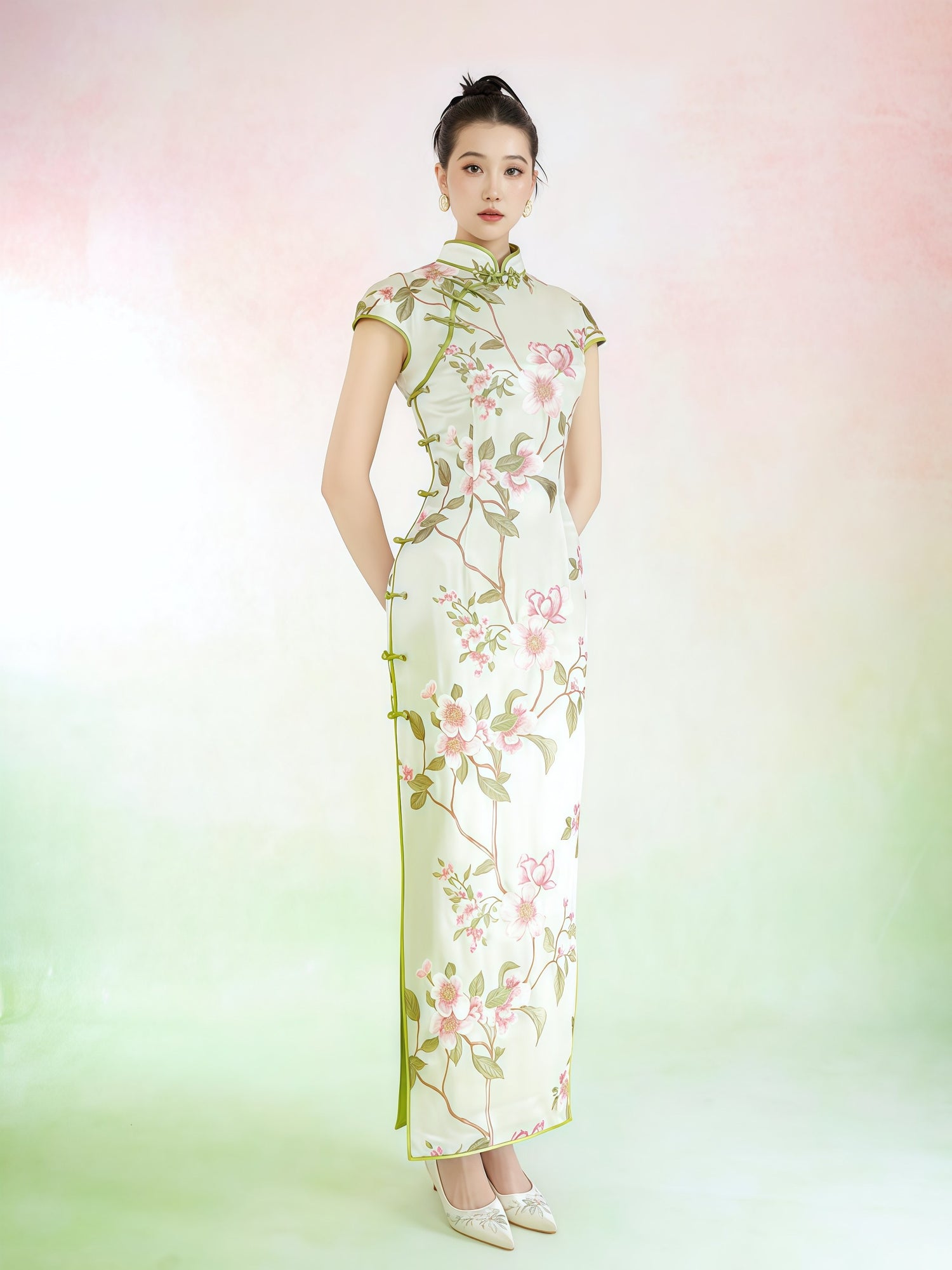 Ivory Botanical Print Cheongsam Dress