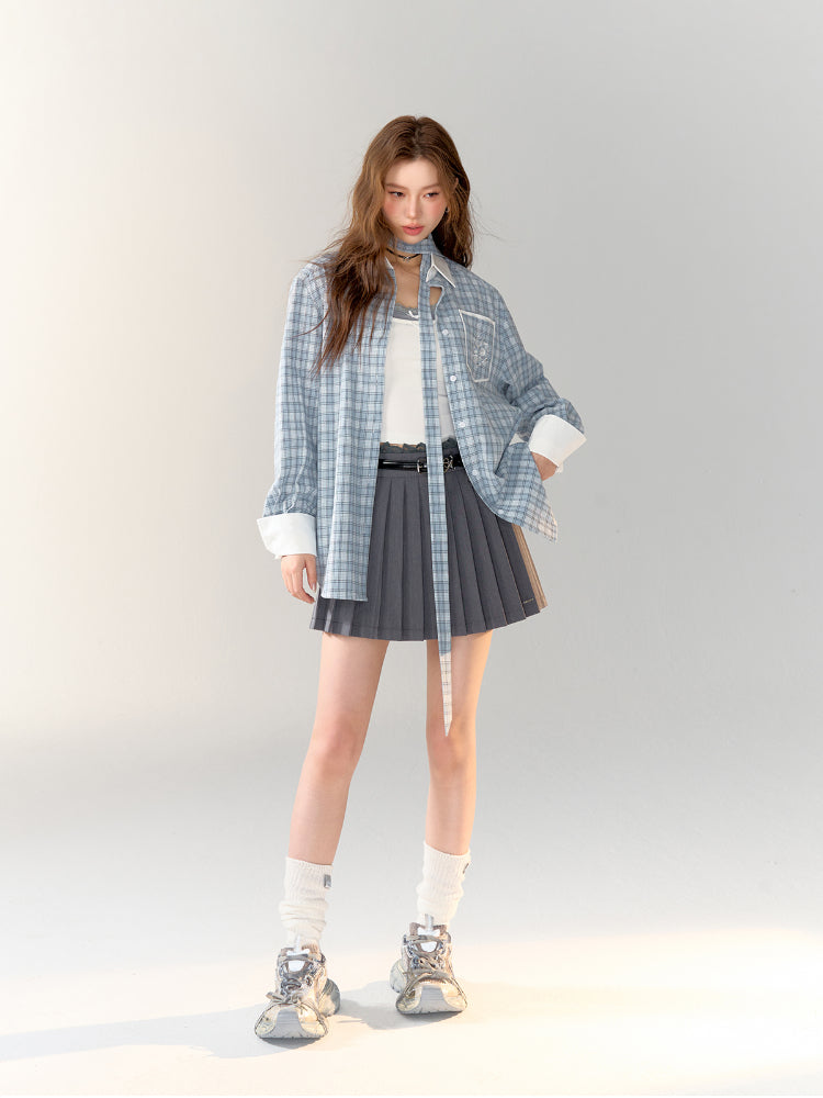 Color-block Blue Plaid Printed Shirt