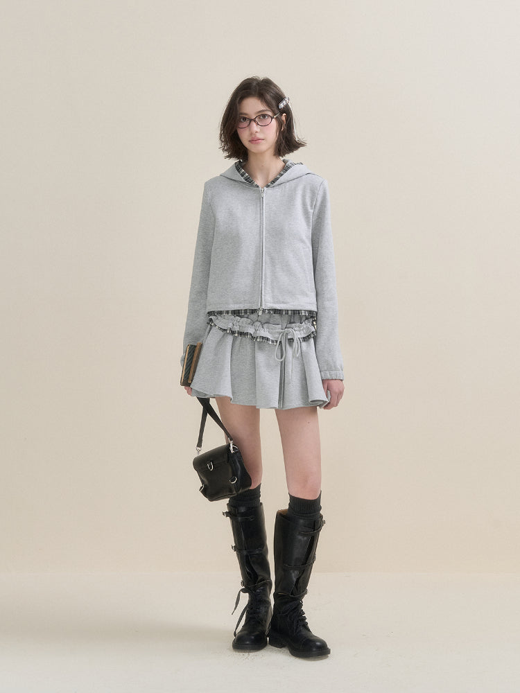 Gray Plaid Spliced Hoodie &amp; Skirt Set