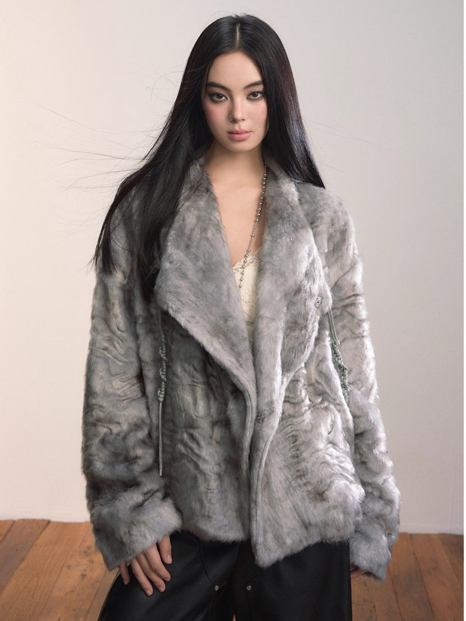 Textured Faux Fur Oversized Lapel Jacket
