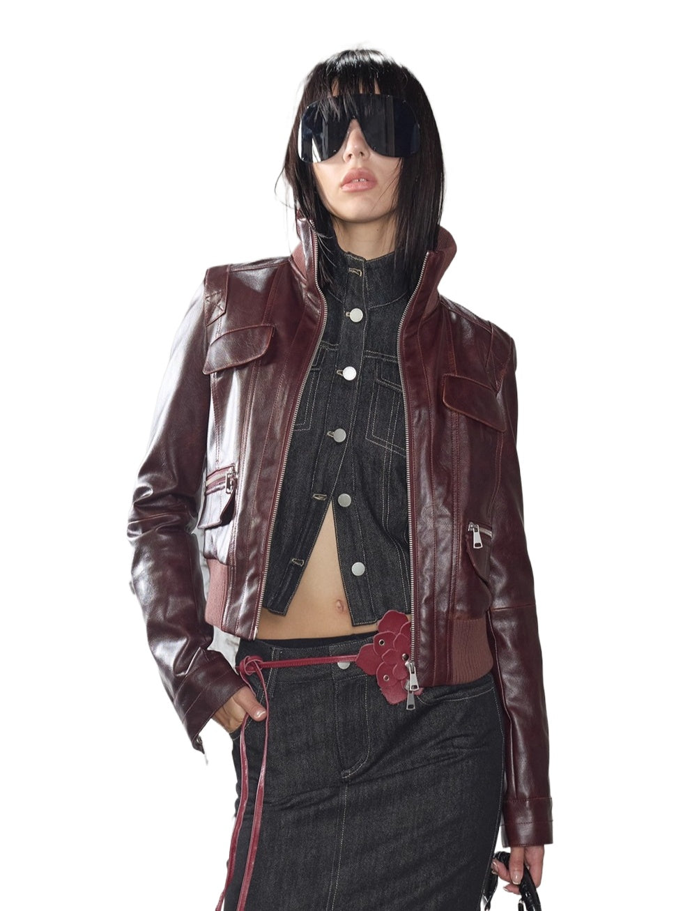 Distressed Cropped Biker Leather Jacket