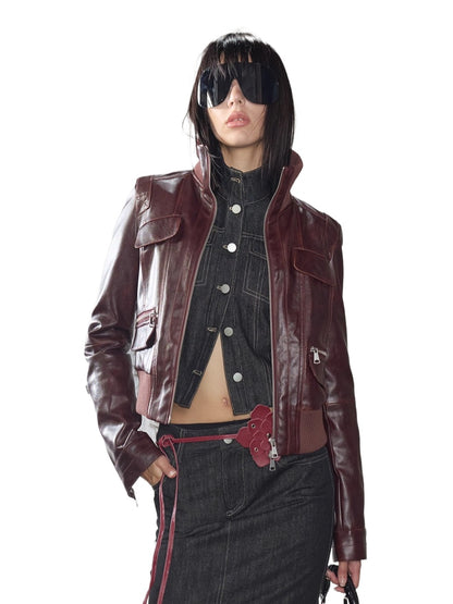 Distressed Cropped Biker Leather Jacket