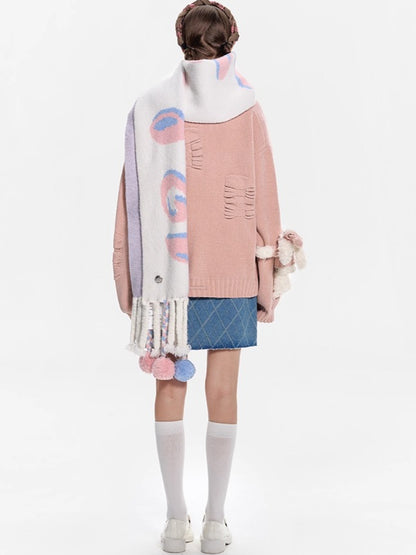 Jacquard Pom-Pom Knit Shawl Scarf