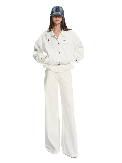Shell white Mid-rise Fitted Flare Pants - CHINASQUAD