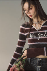 V-neck Striped Knitted Sweater - CHINASQUAD