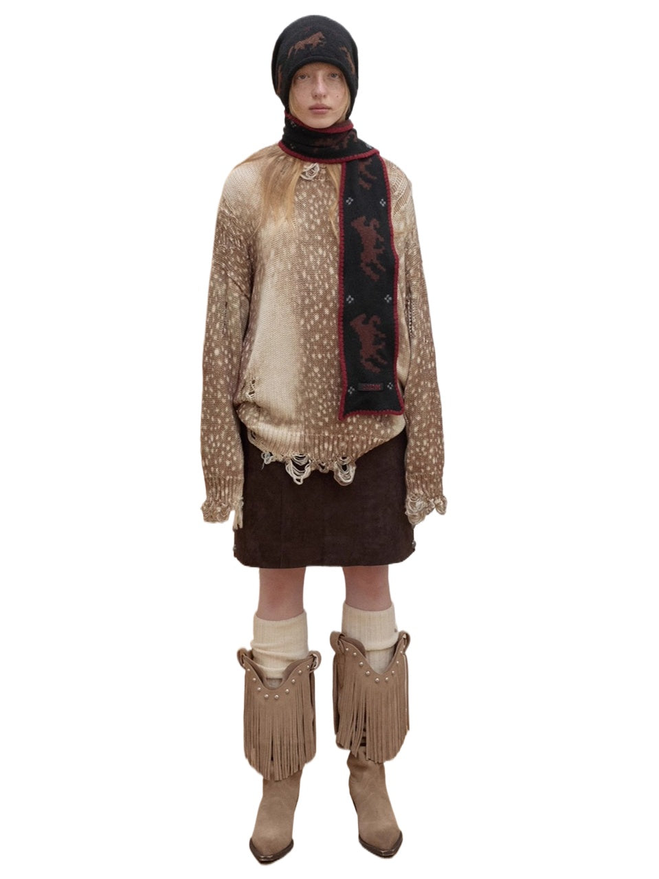 Vintage Deer Print Distressed Knit Sweater