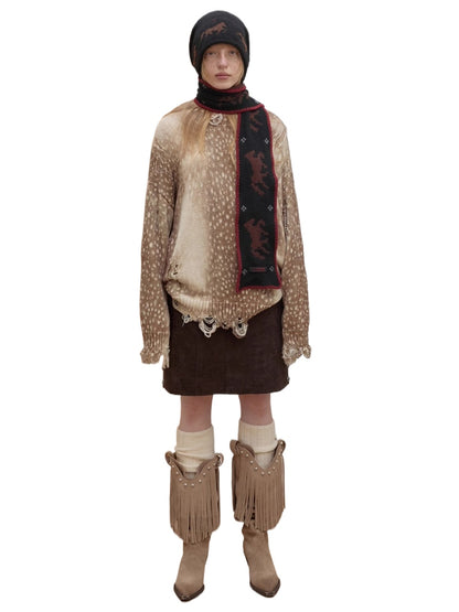 Vintage Deer Print Distressed Knit Sweater