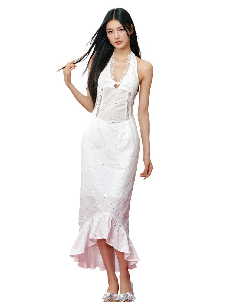 Lace Paneled Hollow Halter Mermaid Dress