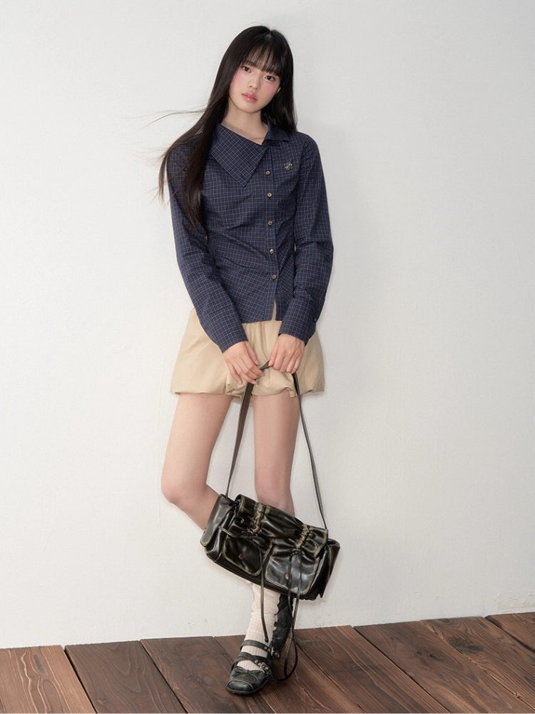 Navy Blue Asymmetric Collar Checked Shirt