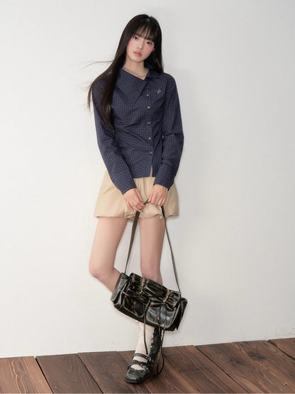 Navy Blue Asymmetric Collar Checked Shirt