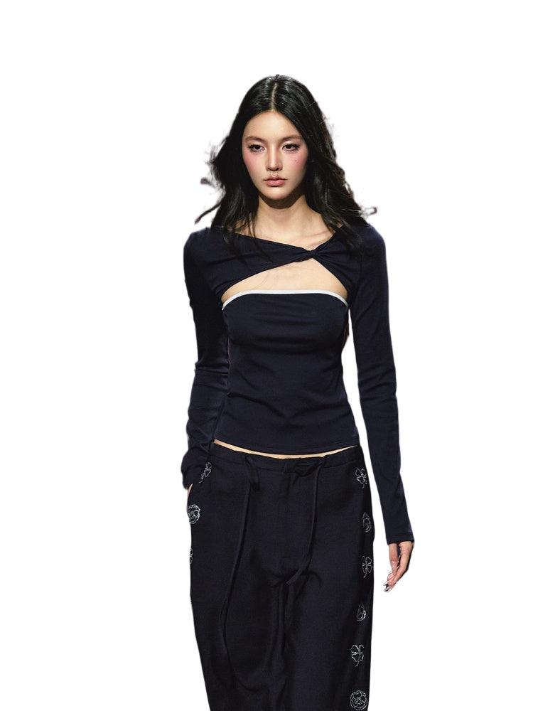 Two-Piece Color-Block Twist Waist Blouse - CHINASQUAD