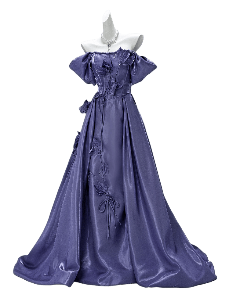 Elegant Purple Satin Floral Couture Gown