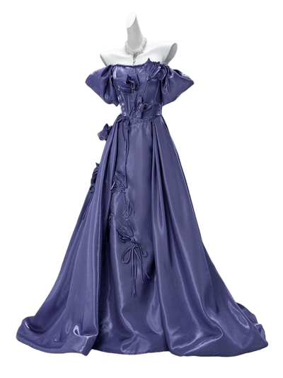 Elegant Purple Satin Floral Couture Gown