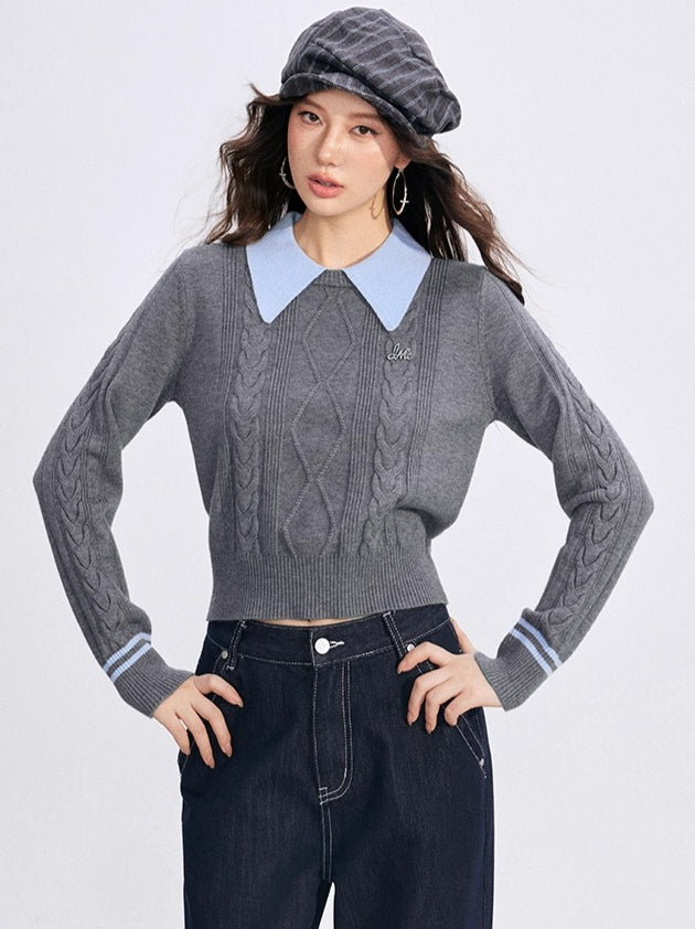 Contrast-Collar Cable-Knit Polo Sweater