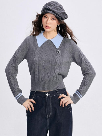 Contrast-Collar Cable-Knit Polo Sweater