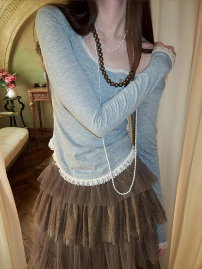 Asymmetric Henley Lace Trim Long Sleeve Top