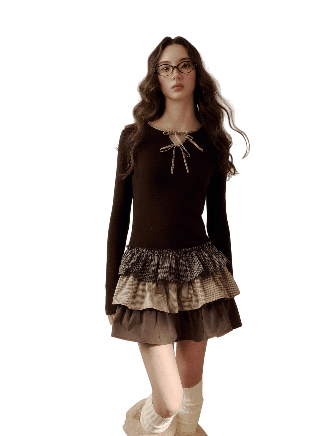 Layered Knit Plaid Tiered Puff Dress