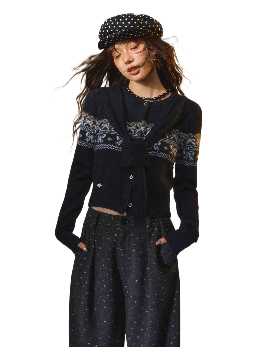 Fair Isle Bow Layered Knit Sweater