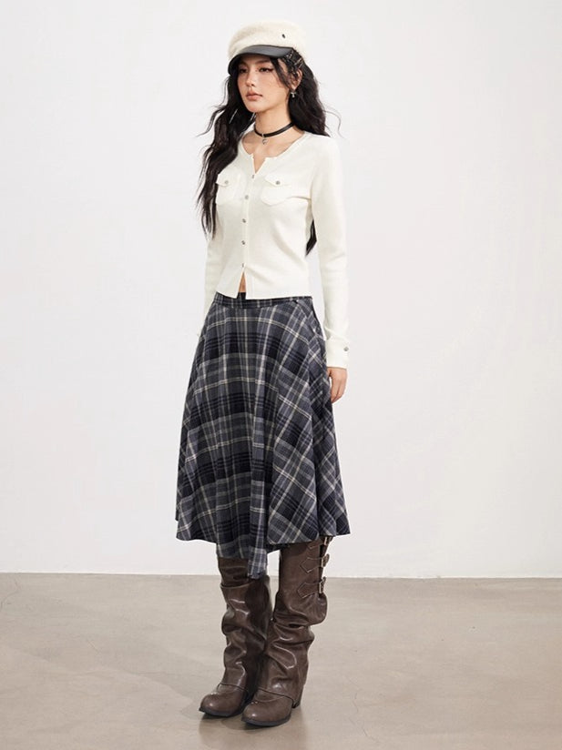 Asymmetrical Wool Plaid Midi Skirt