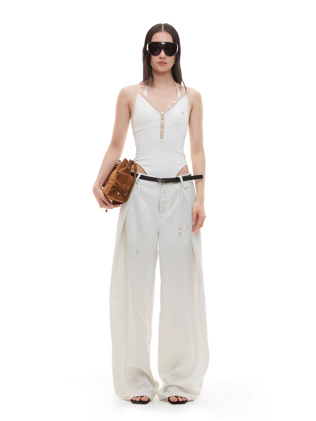 Silk Linen Wide-Leg Drawstring Trousers