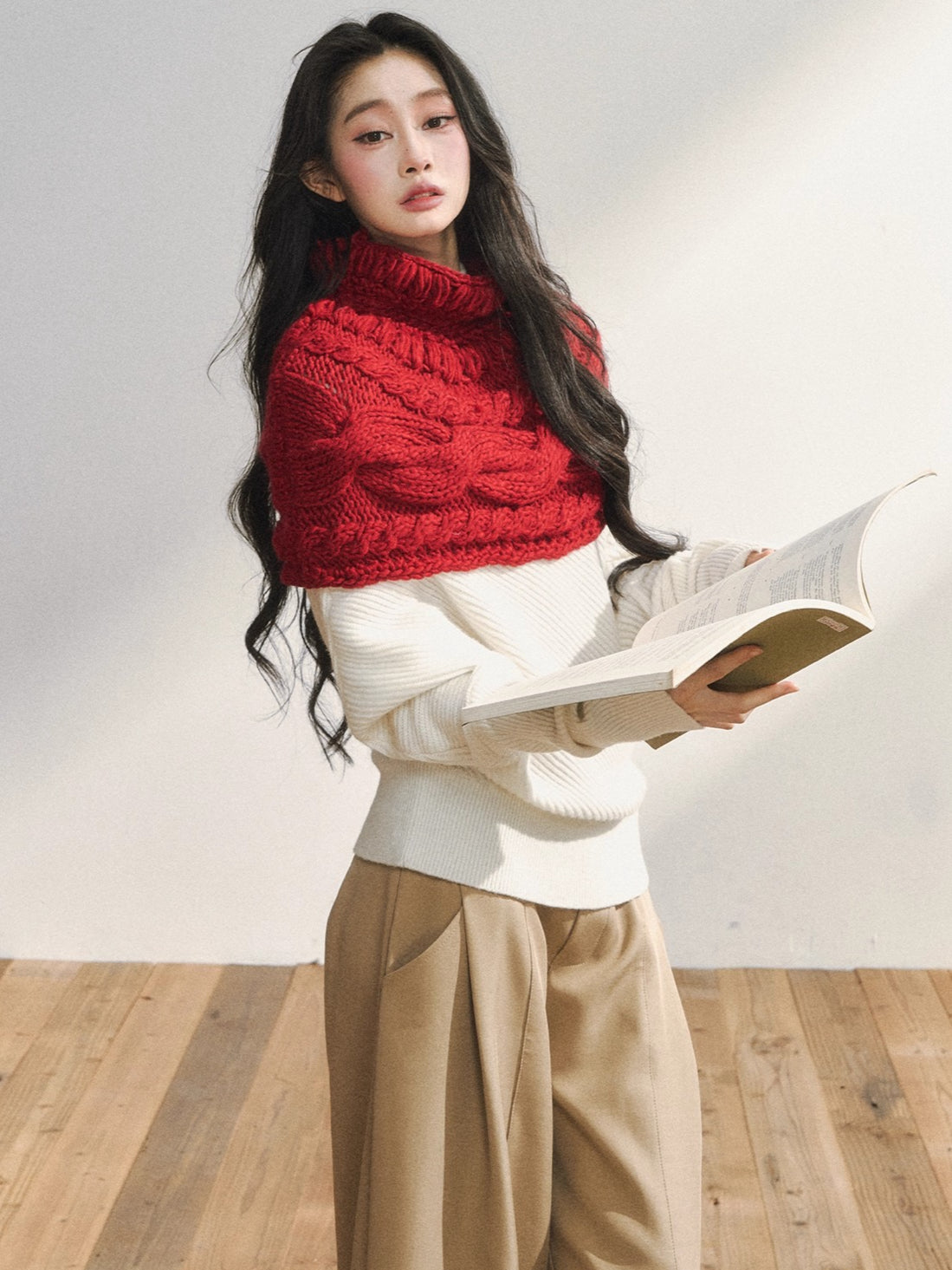 Asymmetric Buttoned White Knit Sweater