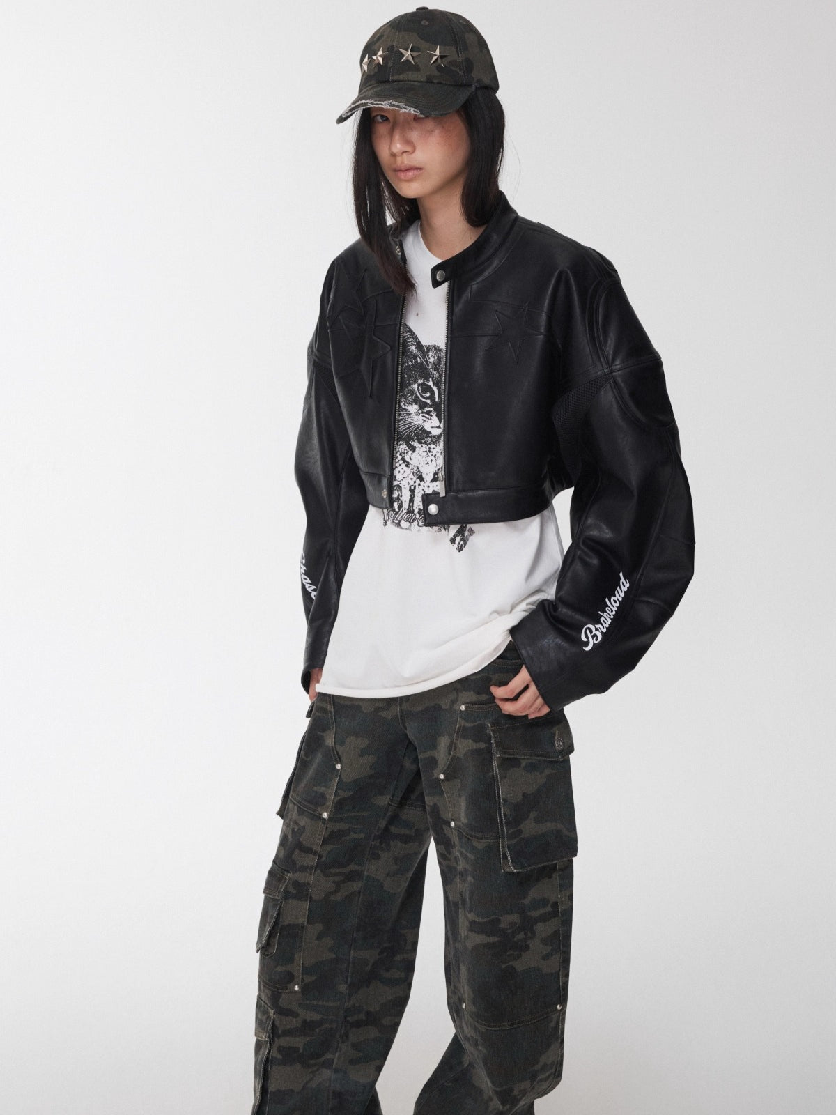 Letter Print Structured Cropped Moto Jacket
