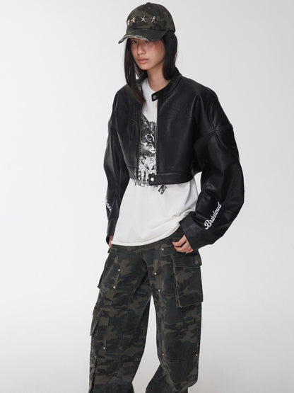 Letter Print Structured Cropped Moto Jacket