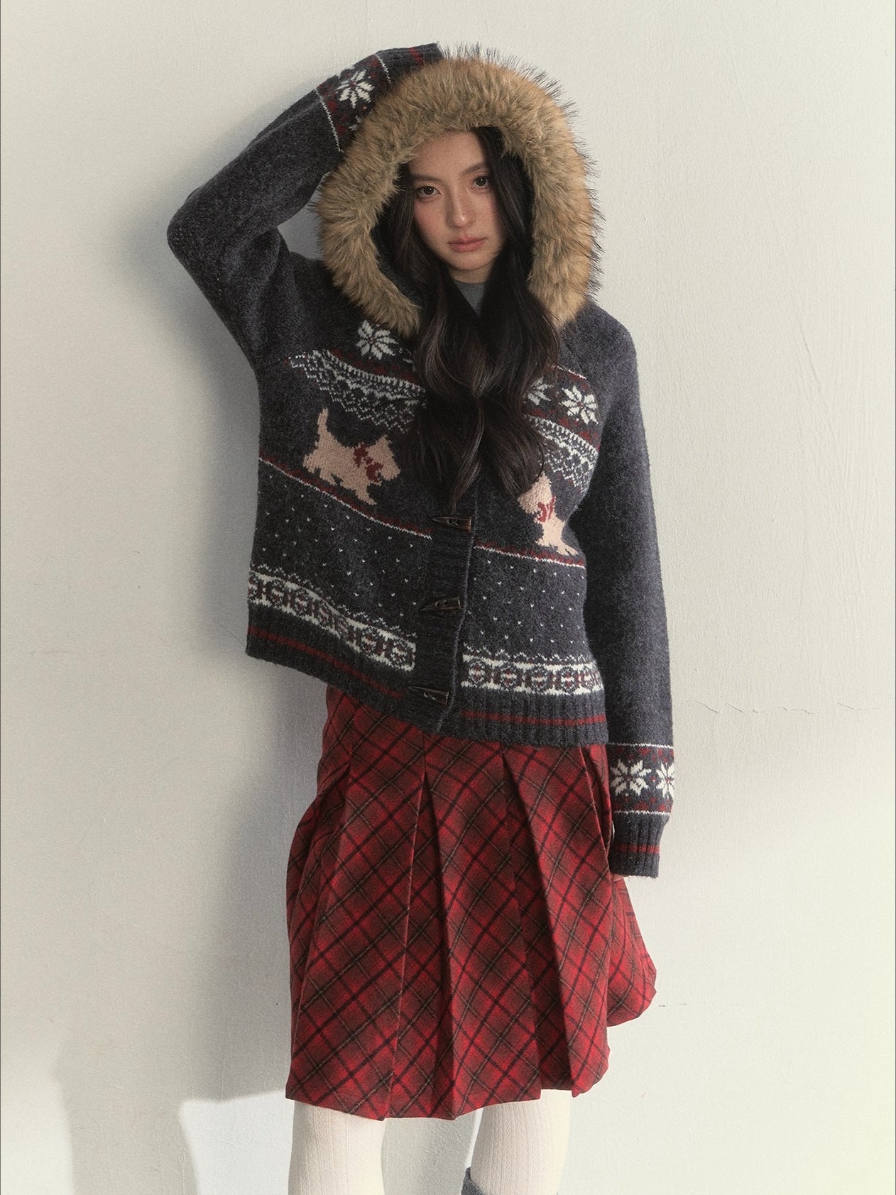 Charcoal Fair Isle Puppy Faux Fur Collar Knit Jacket