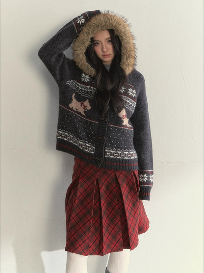 Charcoal Fair Isle Puppy Faux Fur Collar Knit Jacket