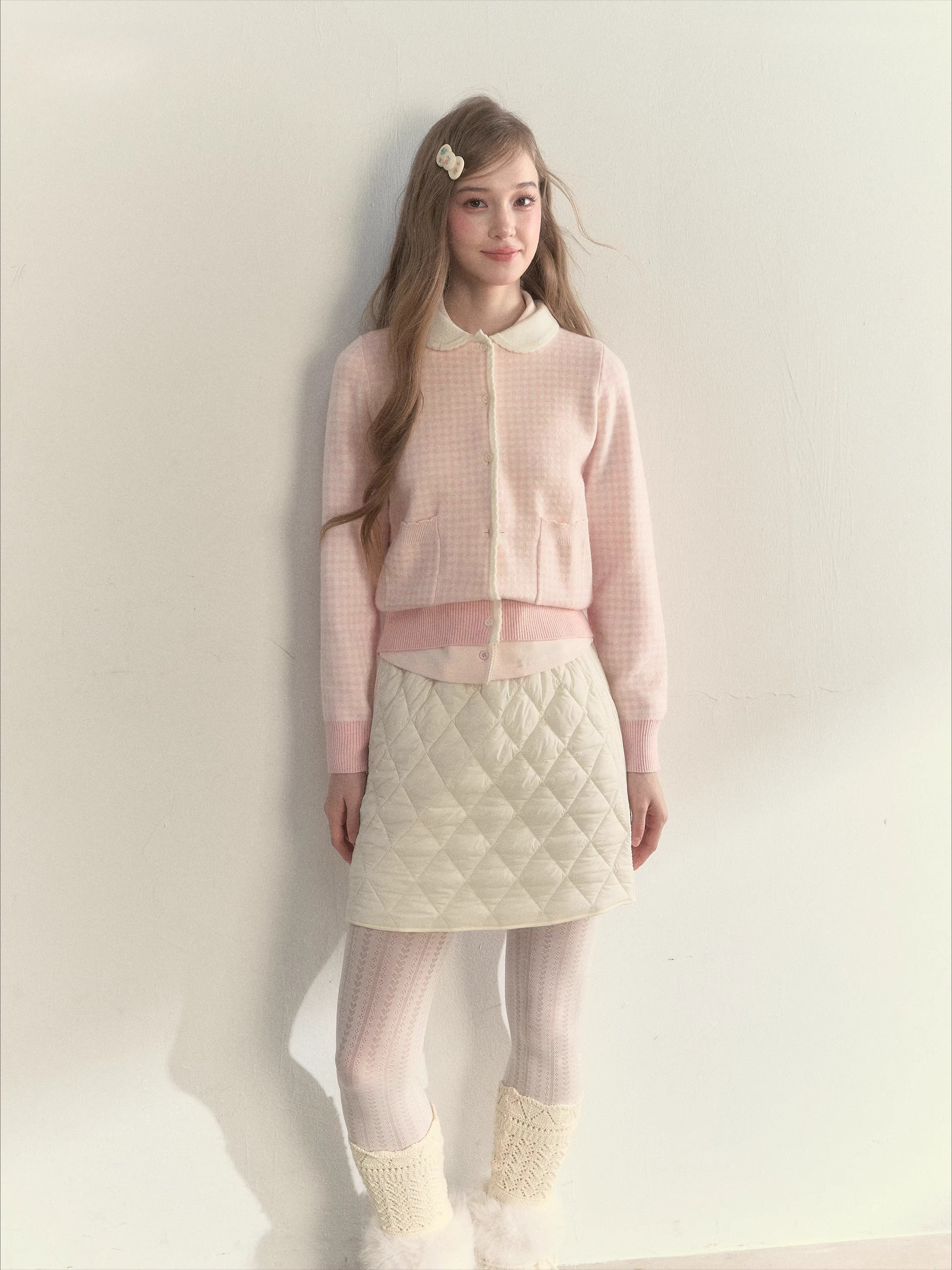 Sweet Pink Gingham Doll Collar Knit Cardigan