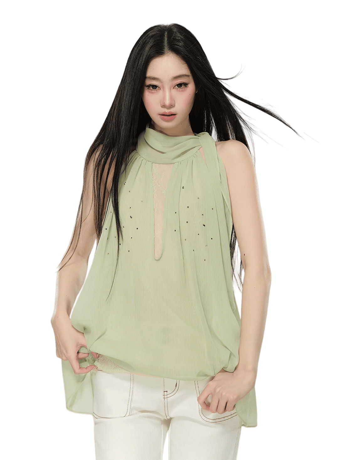 Embellished Sleeveless Chiffon Lace Top