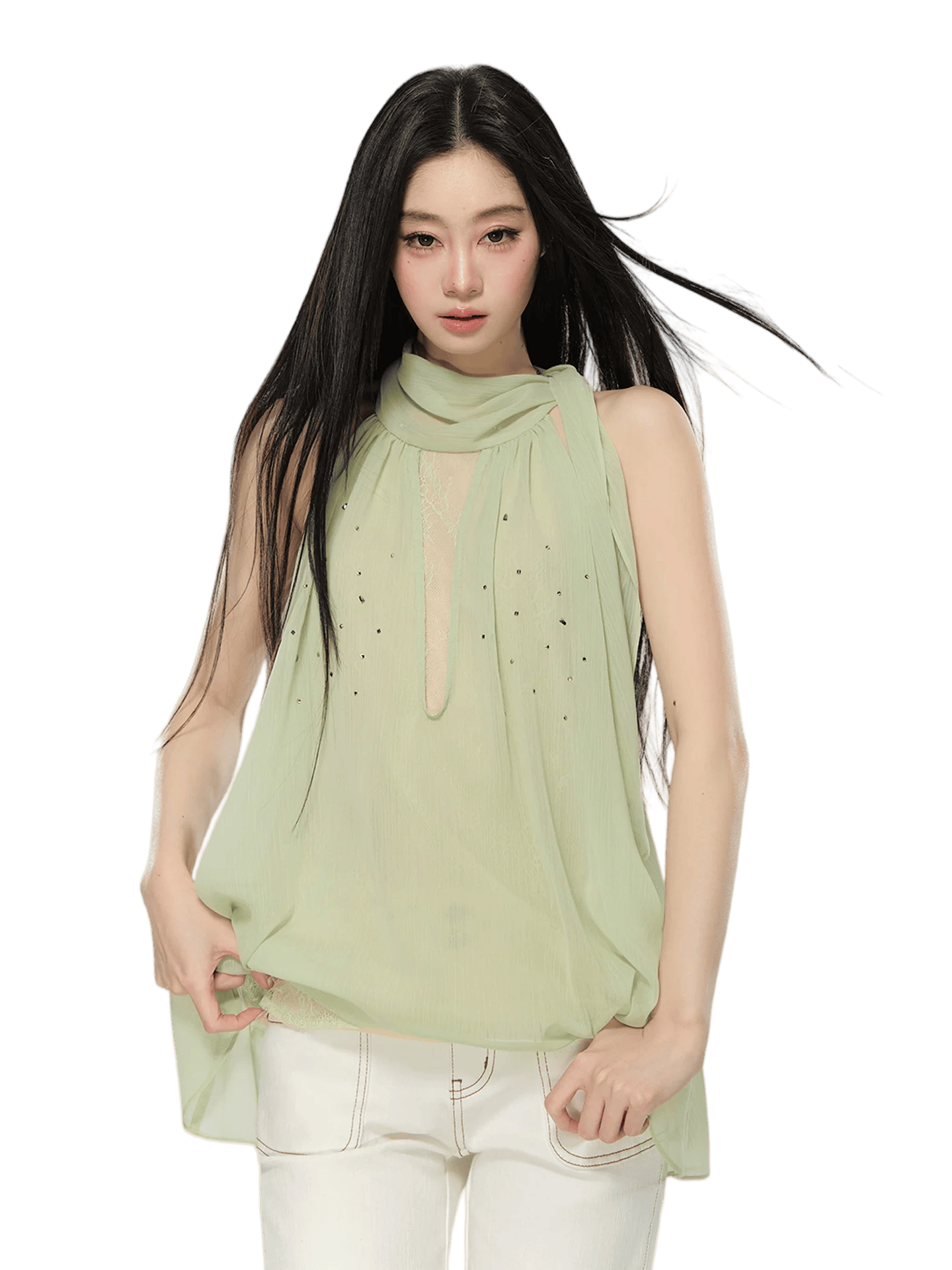 Embellished Sleeveless Chiffon Lace Top
