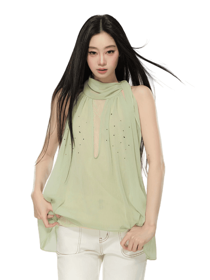 Embellished Sleeveless Chiffon Lace Top