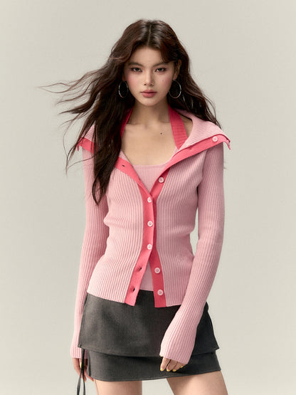 Color-Block Large-Collar Knitted Cardigan