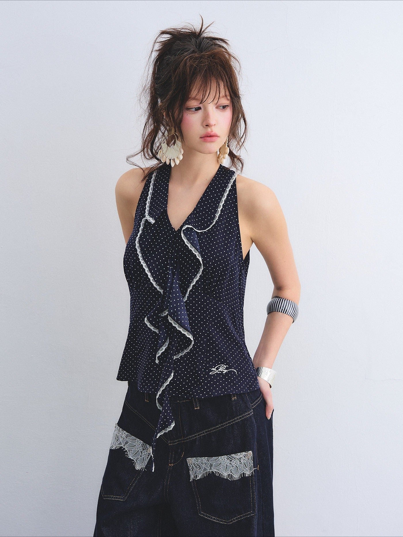 Polka Dot Lace Ruffle V-Neck Camisole