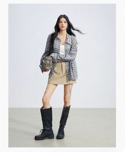 Vintage Plaid Drawstring Shirt