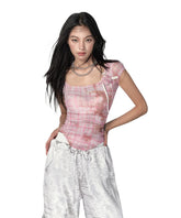 Pink & Yellow & Black Fitted Plaid Square Neck Top - CHINASQUAD