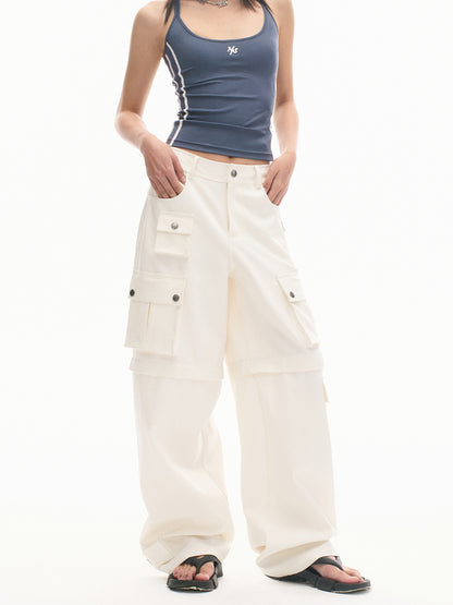 Loose-Fit Multi-Pocket White Casual Pants