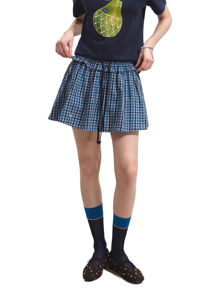 Blue Checkered Ruffled Pleated Skirt