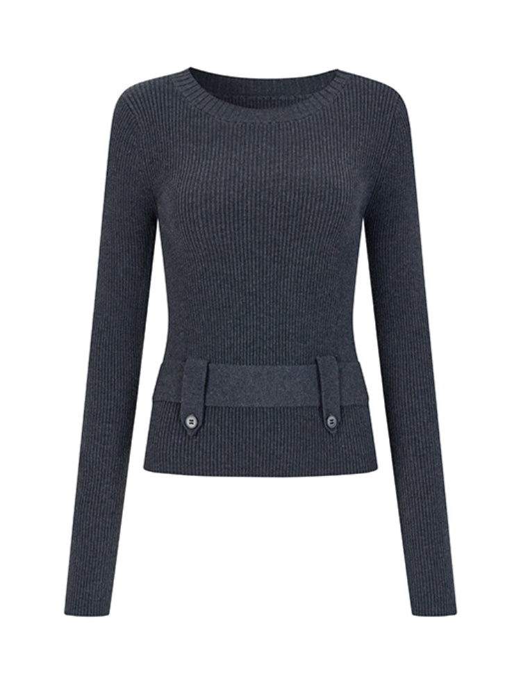 Waist-Cinched Wool Blend Crewneck