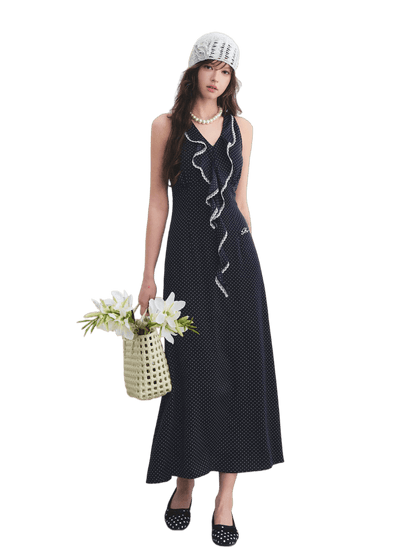 Navy Polka Dot Lace Ruffle V-Neck Sleeveless Midi Dress