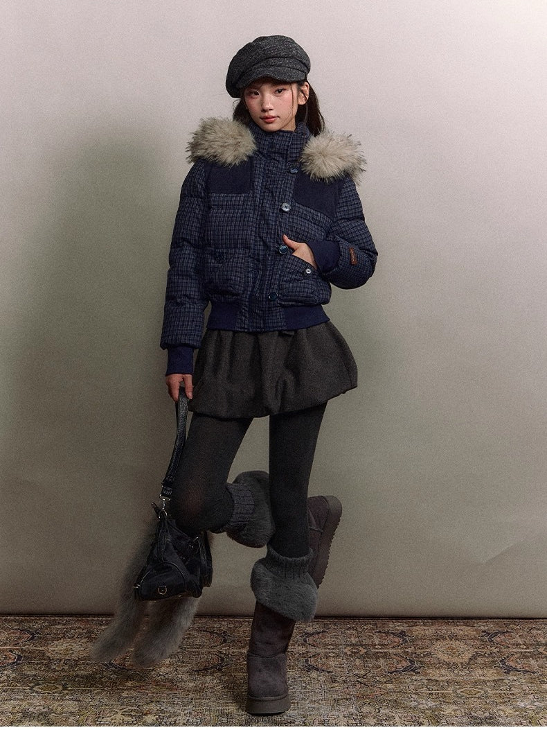 Fuzzy Plaid Down Faux Fur Collar Jacket
