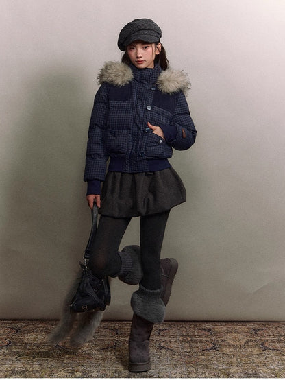 Fuzzy Plaid Down Faux Fur Collar Jacket