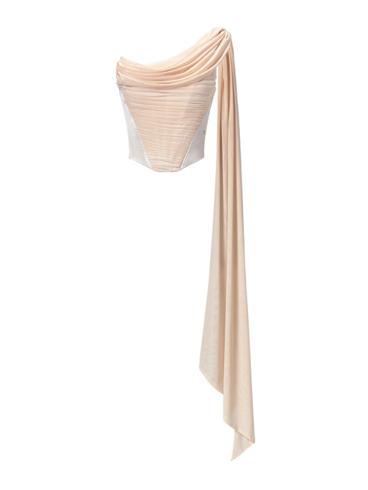 Off-Shoulder Floating Strap Cowl Neck Boned Crop Top